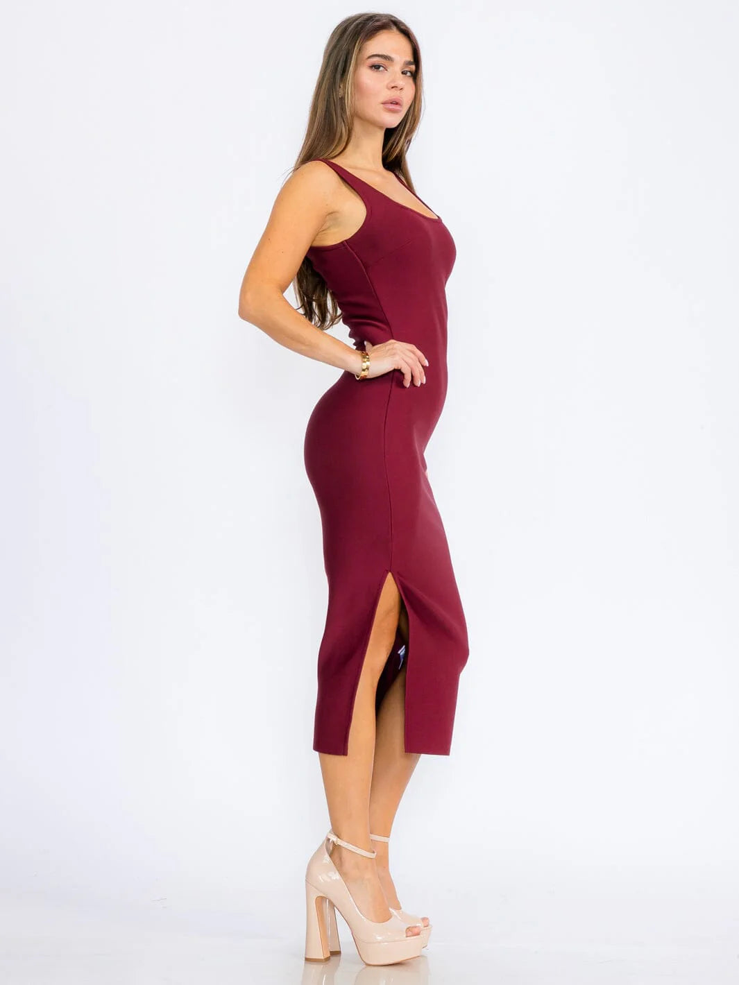 Women's Sleeveless Square Neck Side Slit Bodycon Bandage Midi Dress