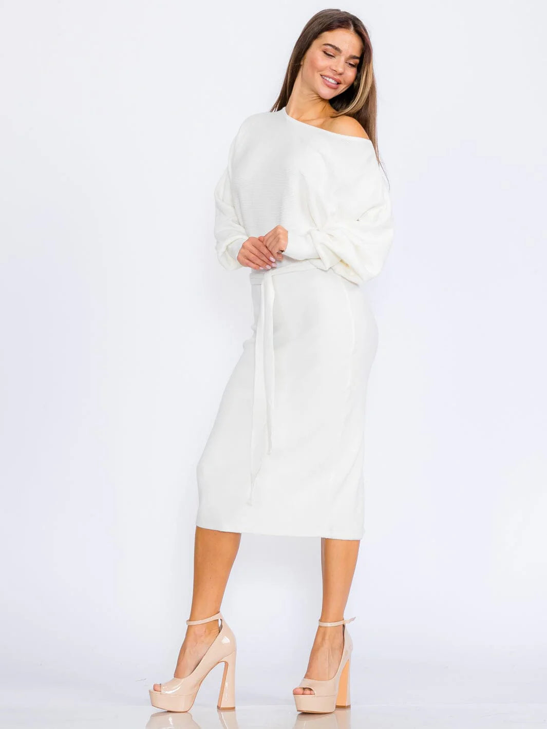 Women's Long Sleeve Self Tie Ribbed Bodycon Midi Dress