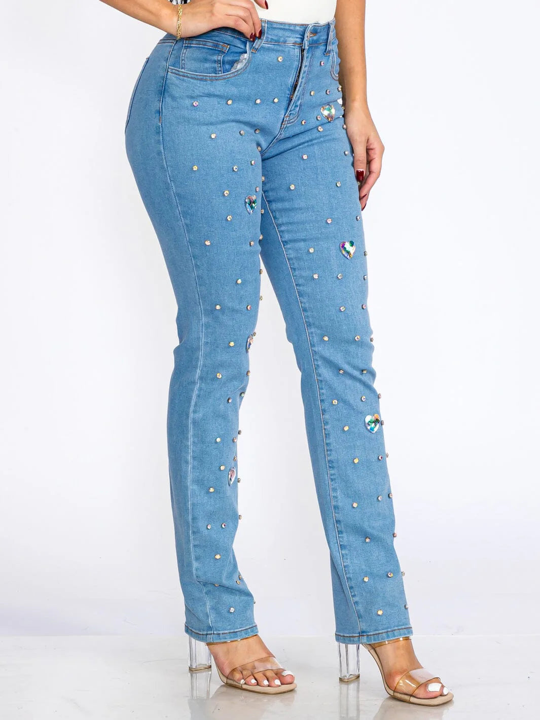 Women's Button Closure Pockets Heart Rhinestone Stretch Denim Skinny Jeans