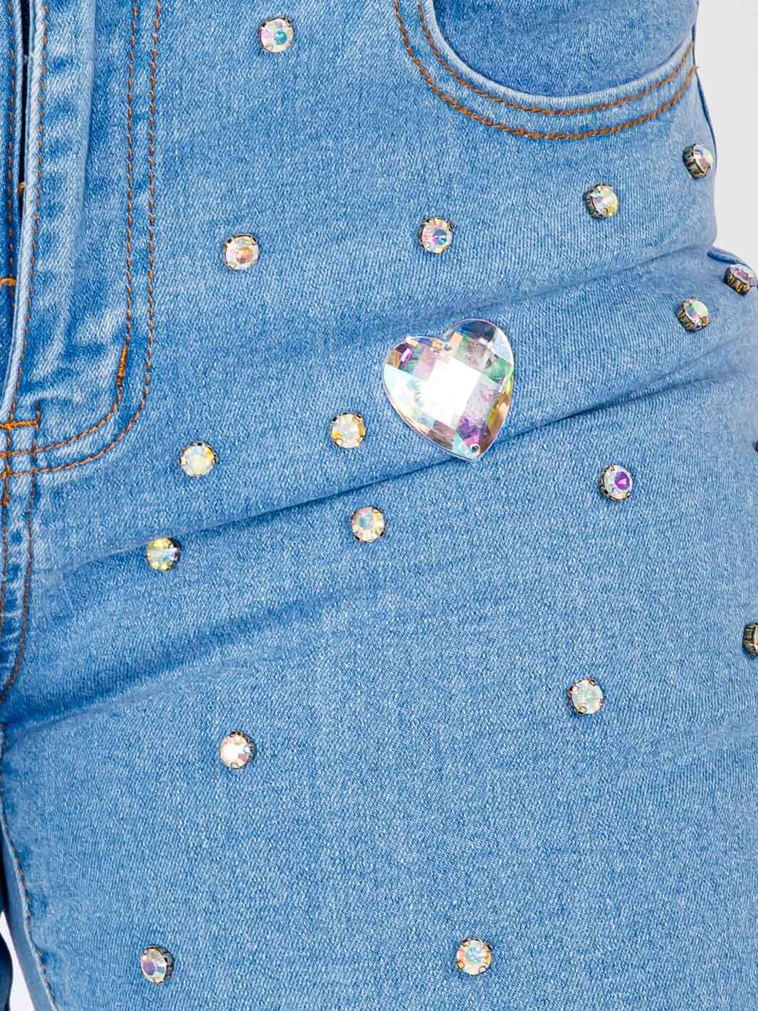 Women's Button Closure Pockets Heart Rhinestone Stretch Denim Skinny Jeans