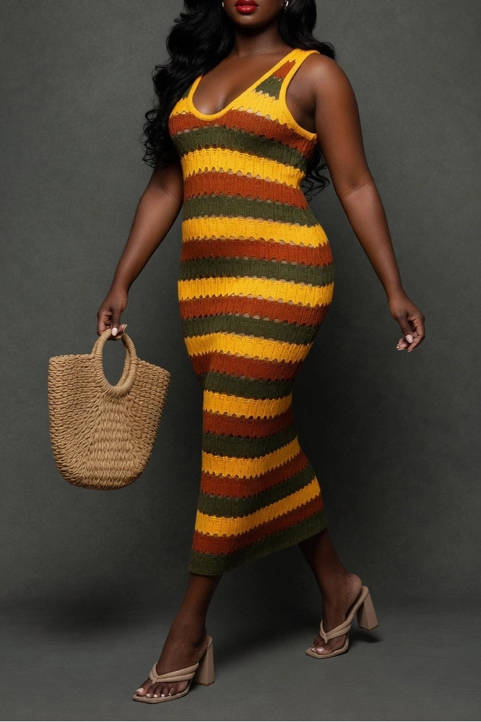 Colorblock Bodycon Knit Maxi Dress