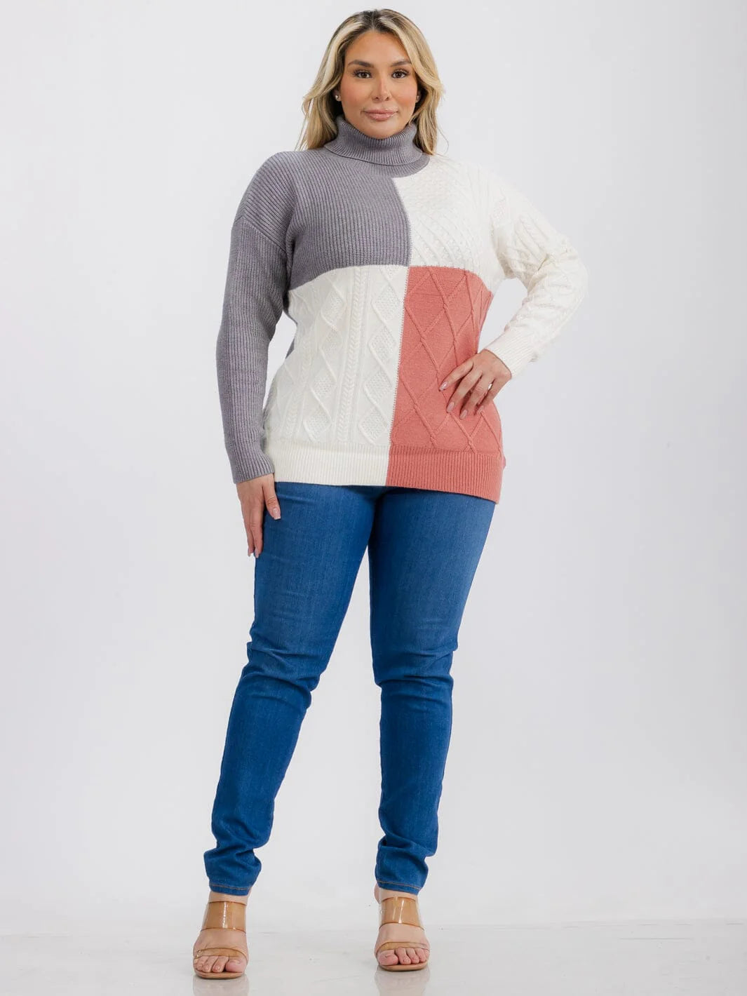 Plus Size Turtle Neck Colorblock Pullover Sweater