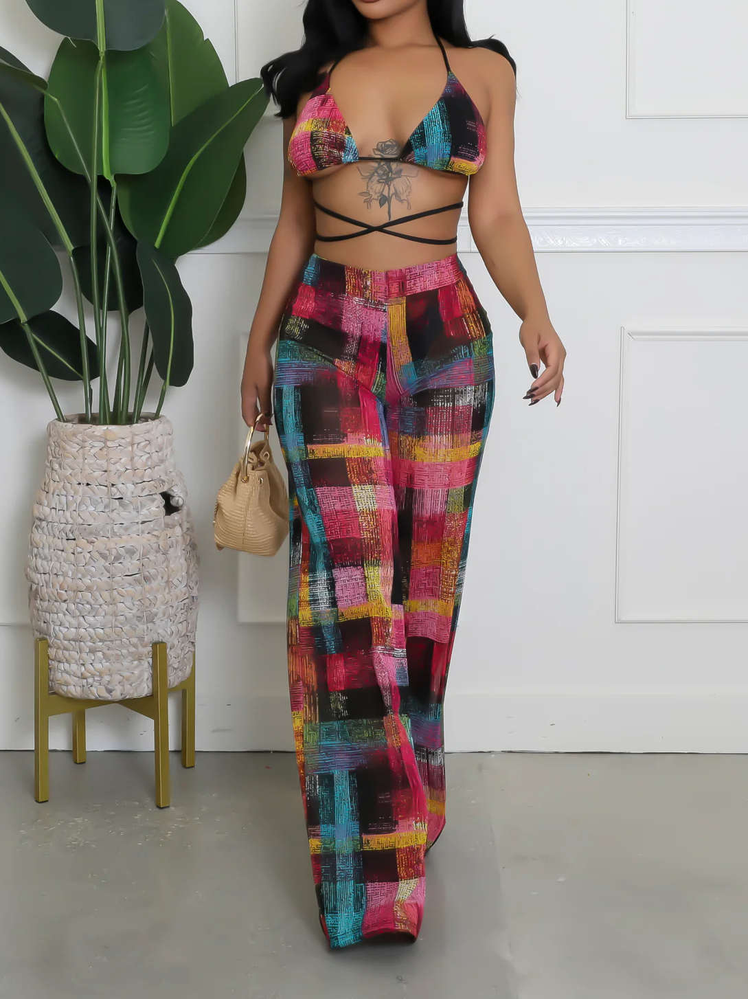 Women's 3-Piece Sheer Pant Set – Triangle Top & Thong