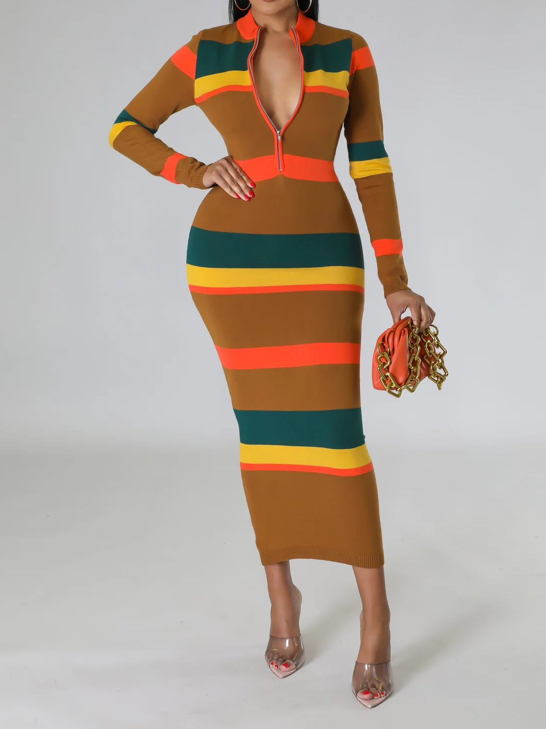 Striped Stretch Midi Dress – Bold & Body-Hugging