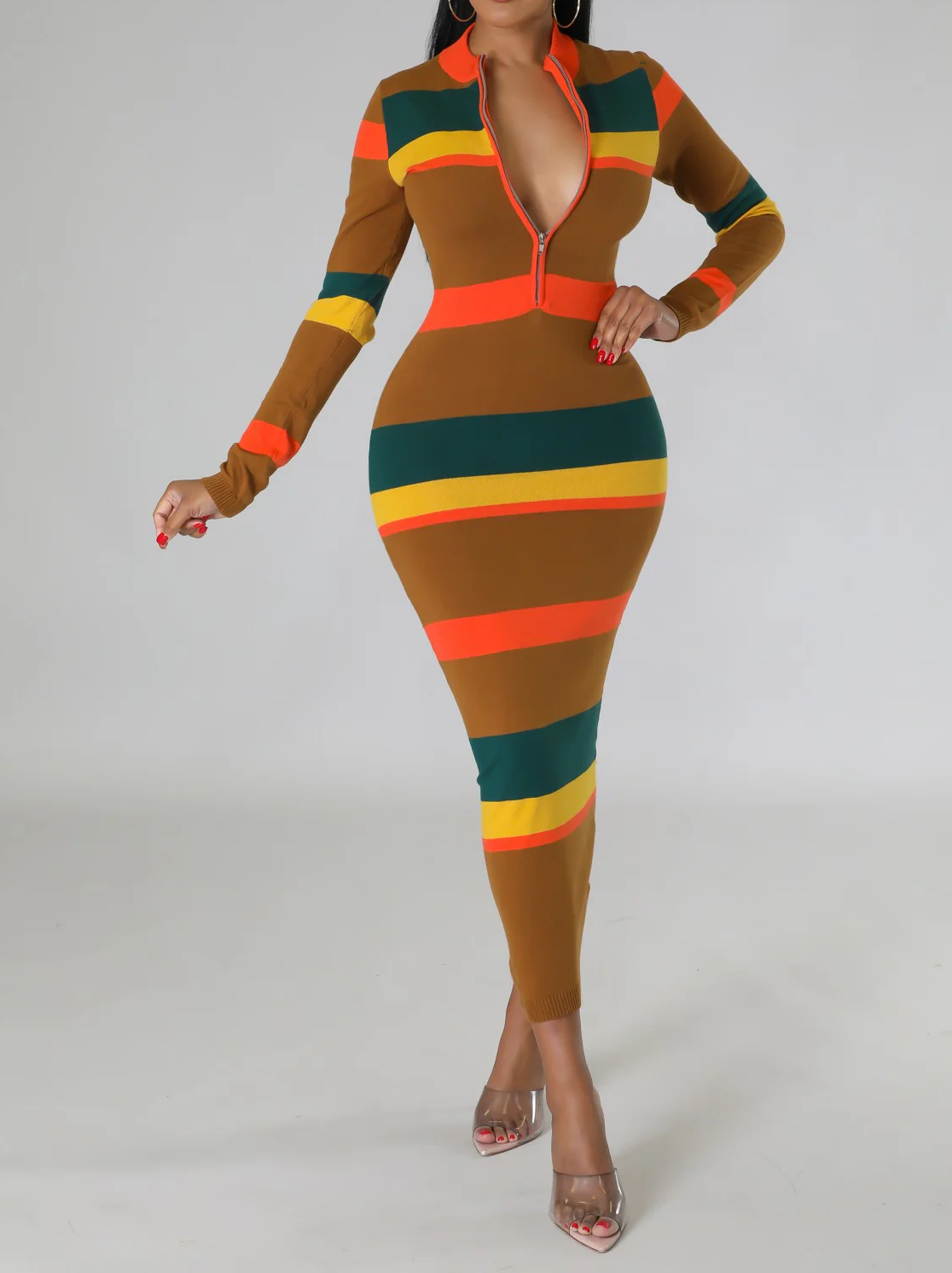 Striped Stretch Midi Dress – Bold & Body-Hugging