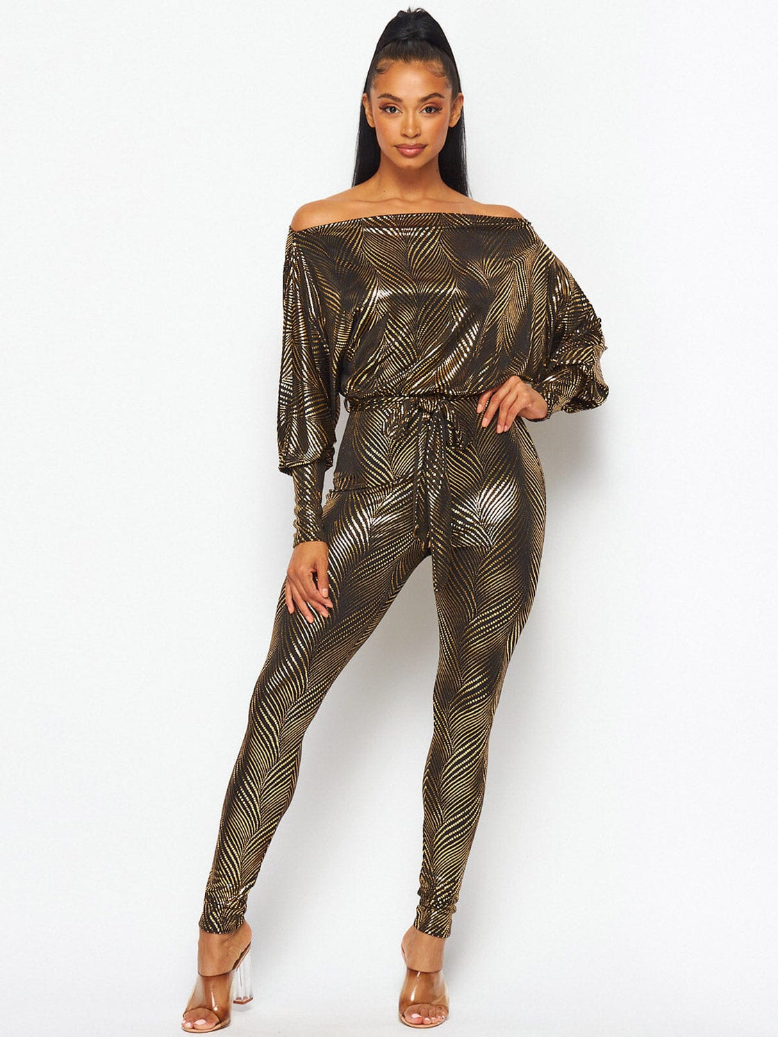 Women's Off Shoulder Long Sleeve Self Tie Shimmer Skinny Leg Jumpsuit