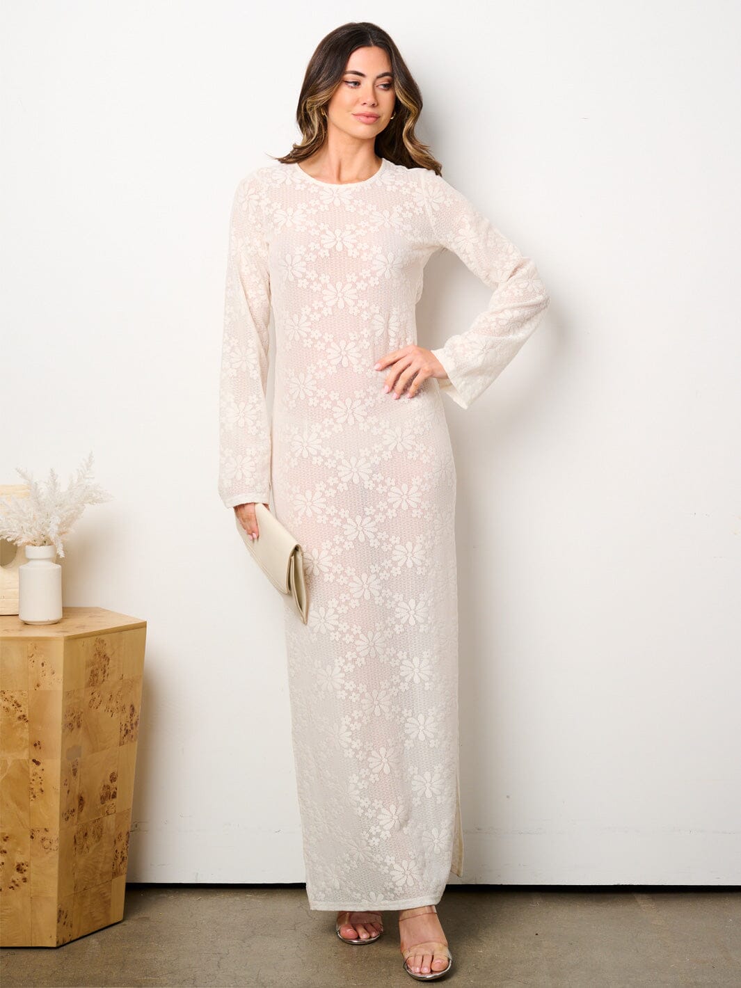 100% cotton women's long bell sleeve open back mesh maxi dress