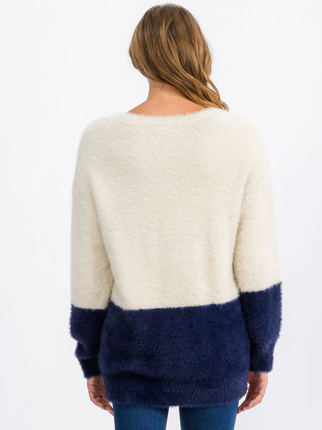 Women's Fuzzy Color-block Pullover Sweater