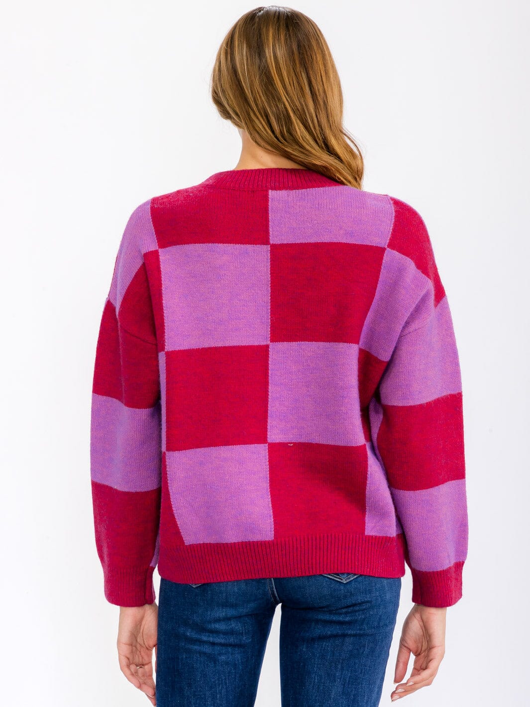 Women's long sleeve flower detailed color block checkers pullover sweater