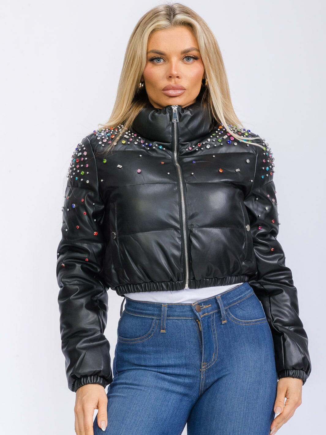 Women's Long Sleeve Zip-up Front Pockets Studs Detailed Pu Pleather Jacket