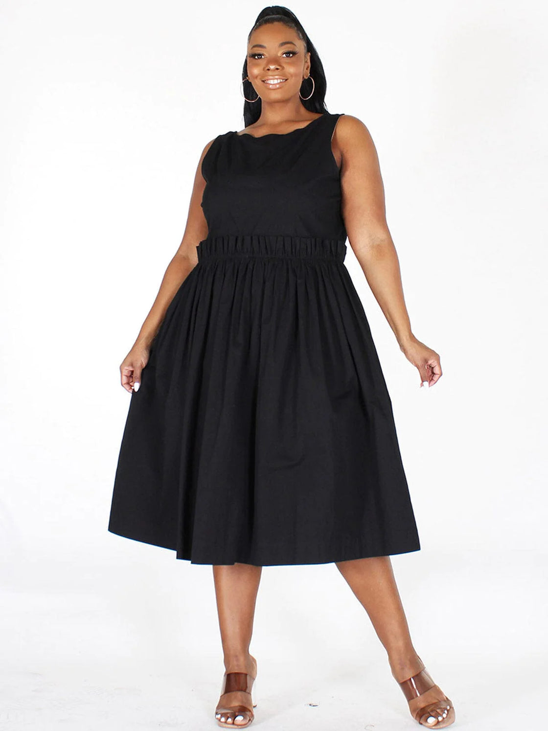 100% cotton plus size sleeveless back detailed fit & flare midi dress