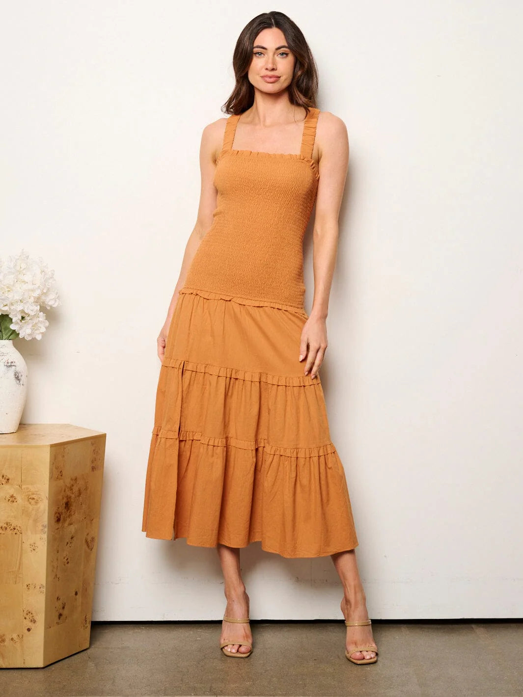 100% Cotton Women's sleeveless smock tiered midi dress