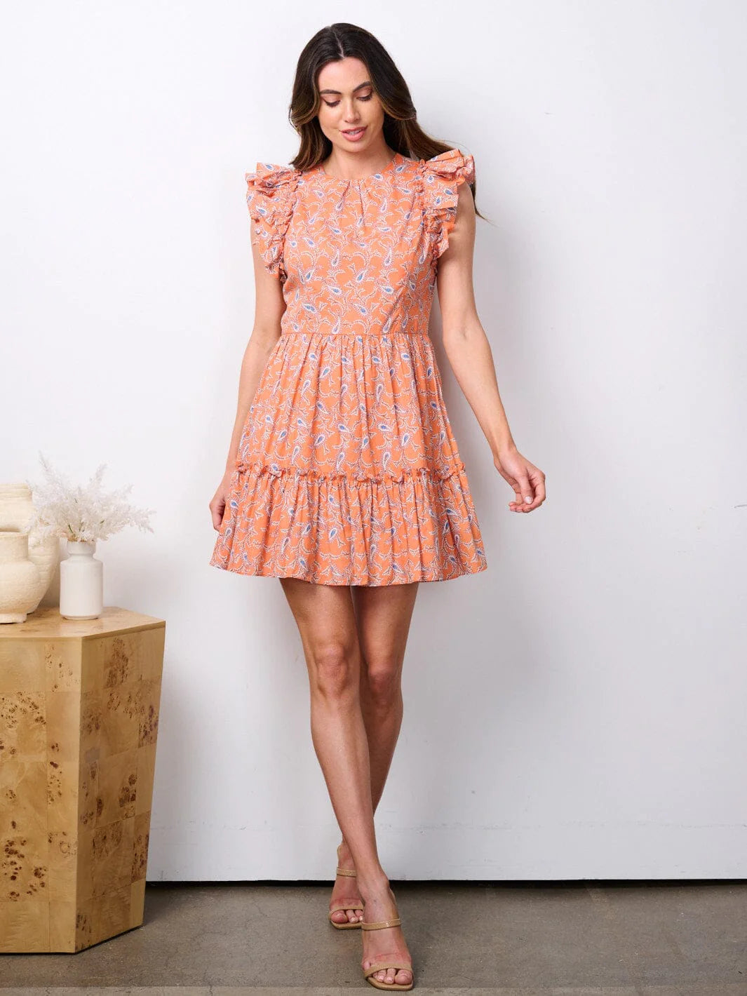 100% cotton women's ruffle sleeve tiered paisley print mini dress