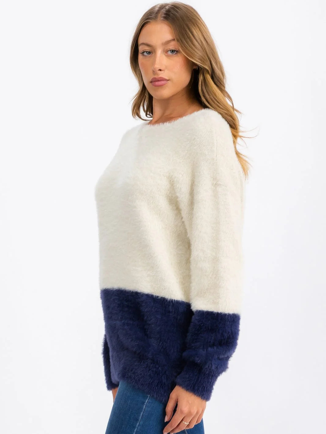 Women's Fuzzy Color-block Pullover Sweater