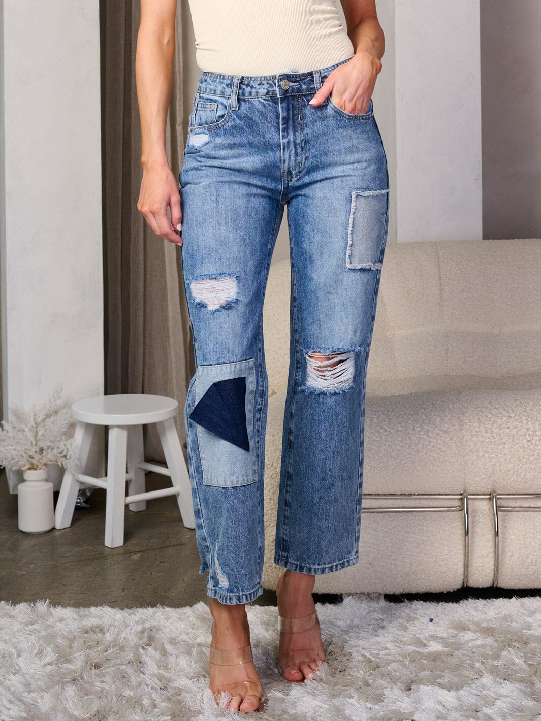 100% cotton women's button closure distress denim wide leg jeans