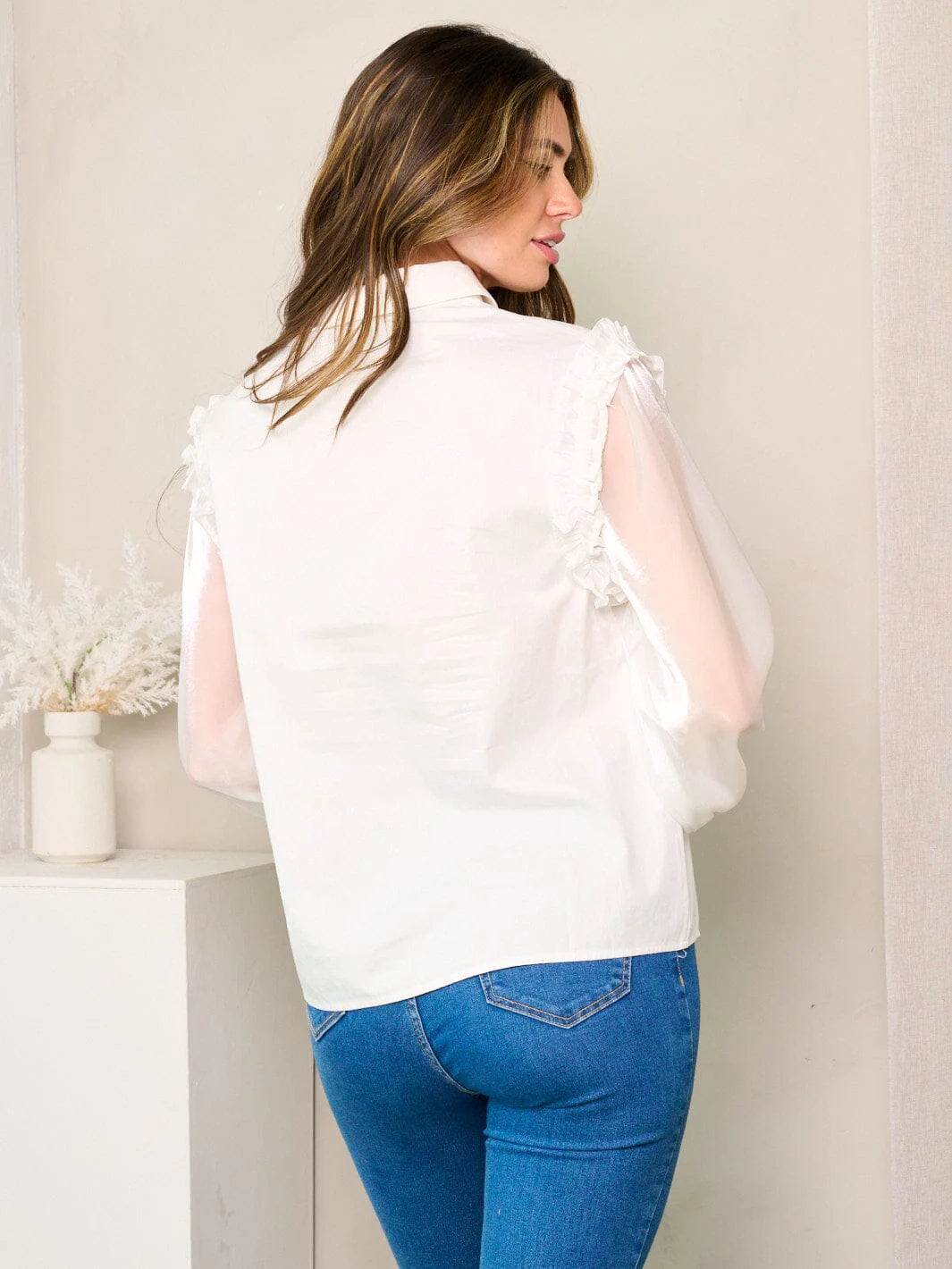 100% Cotton Blouse. Women's long sheer sleeves button up ruffle blouse top.