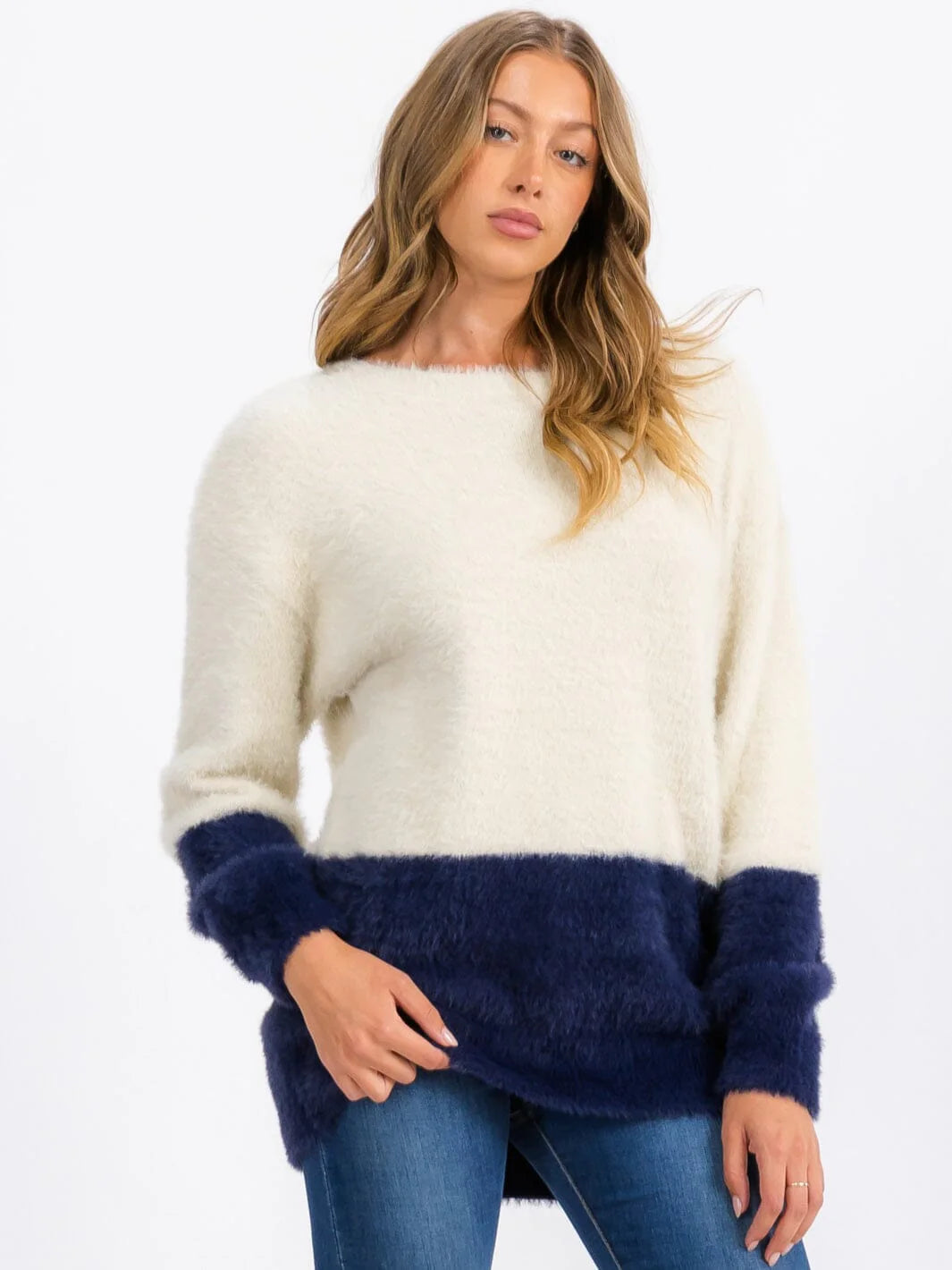 Women's Fuzzy Color-block Pullover Sweater