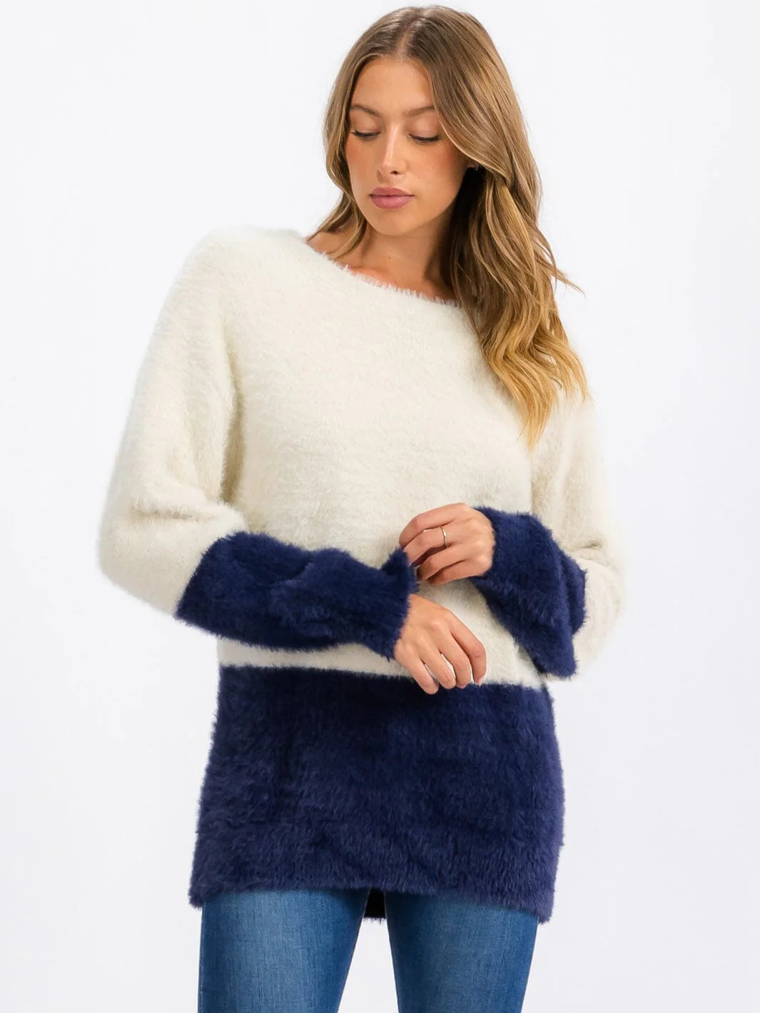 Women's Fuzzy Color-block Pullover Sweater