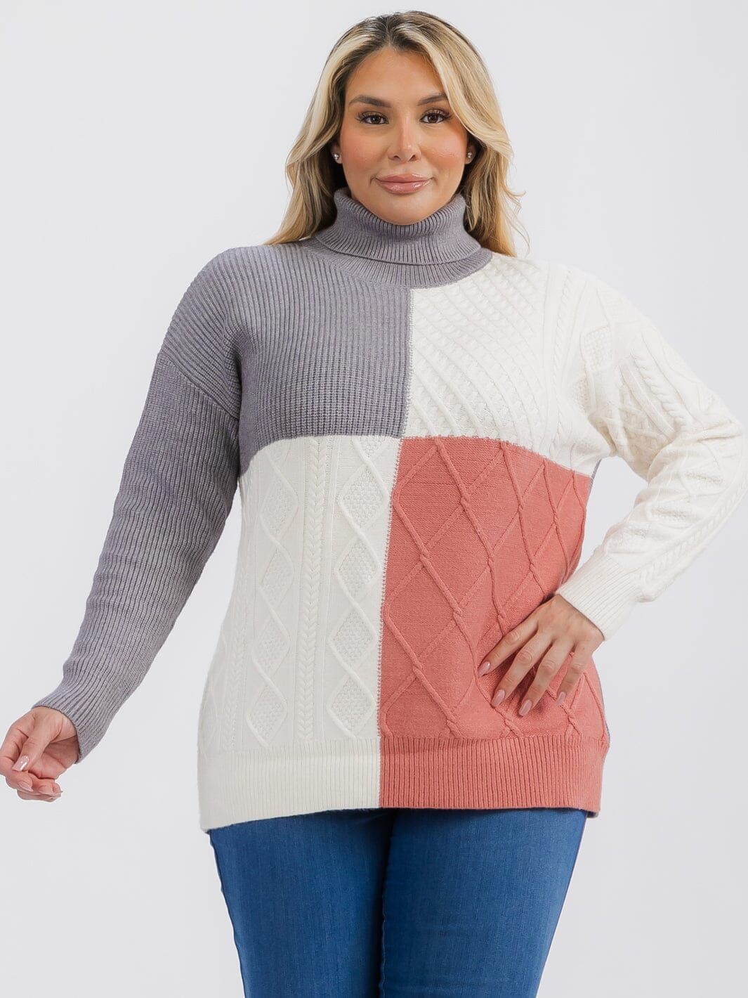 Plus Size Turtle Neck Colorblock Pullover Sweater
