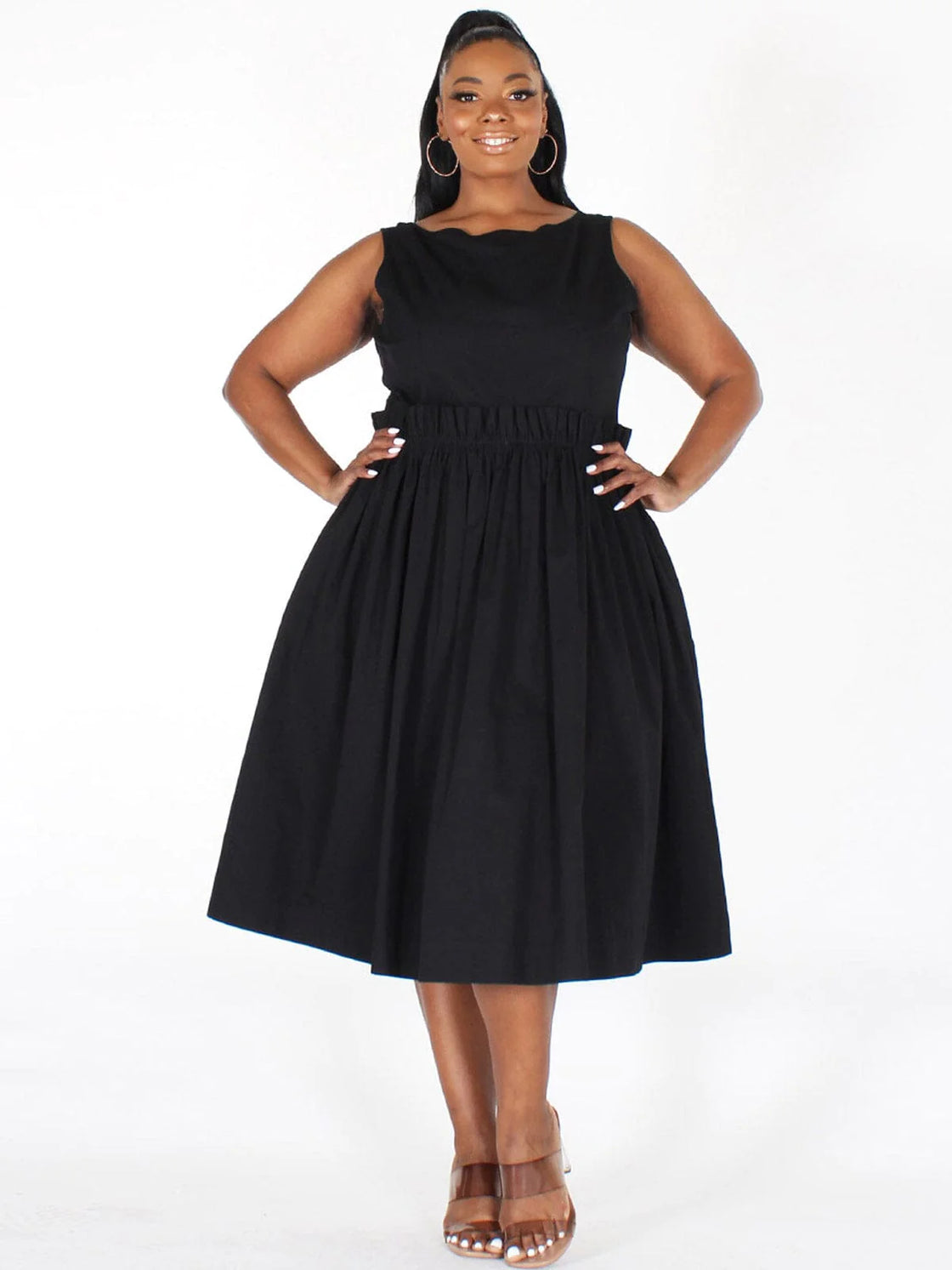 100% cotton plus size sleeveless back detailed fit & flare midi dress