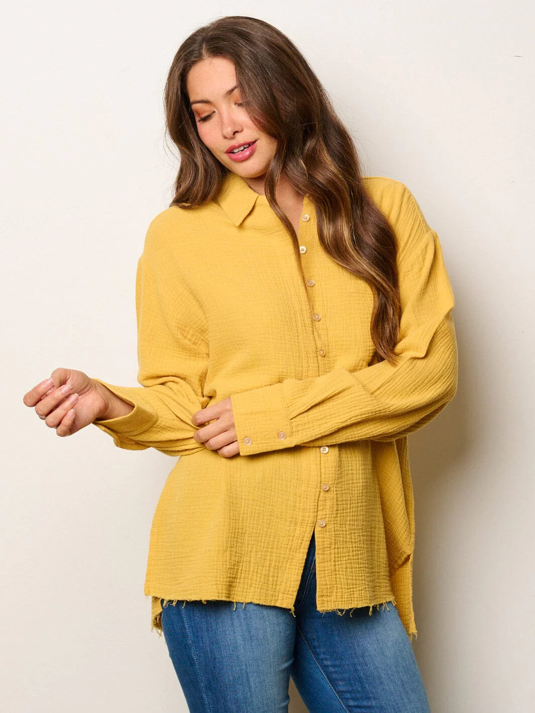 100% cotton women's long sleeve button up front pocket blouse top