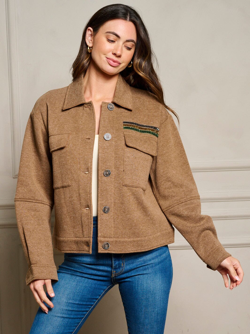 Women'S Long Sleeve Button Up Pockets Jacket